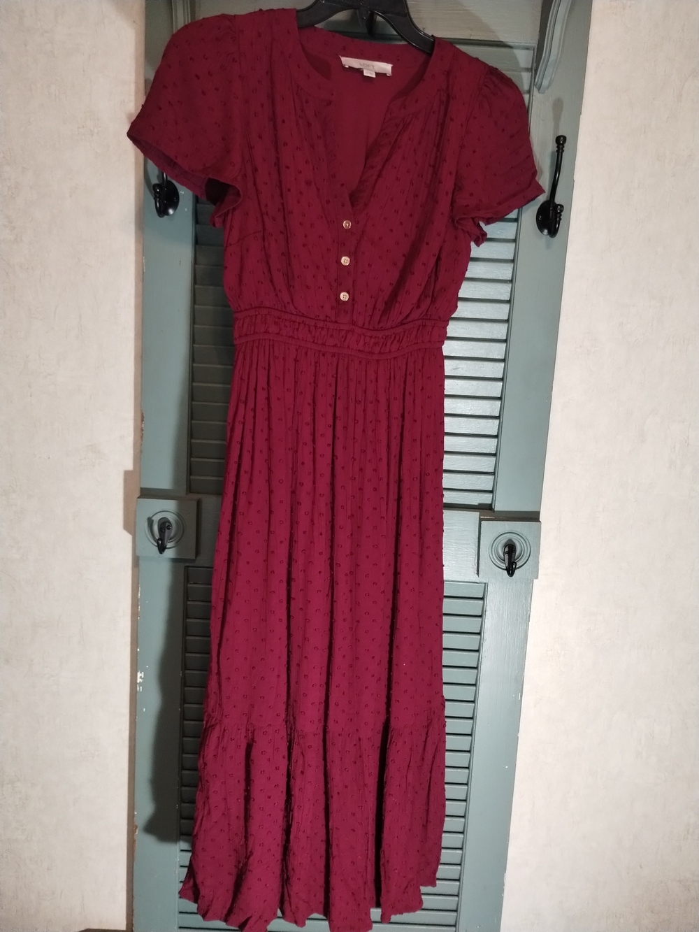 LOFT Wine Dot-Texture Midi Dress with Button Front XS